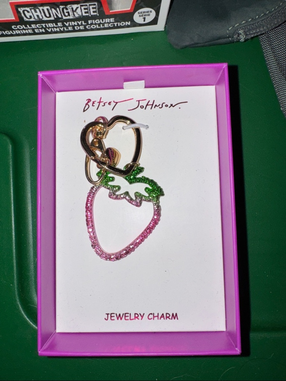 Betsey Johnson Pink & Green Rhinestone Strawberry Charm Keychain